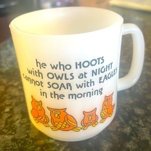 Vintage 1981 Milk Glass Mug Orange Owls Paula Co. Glasbake